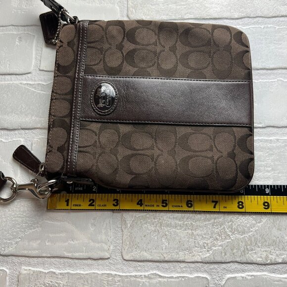 Coach Crossbody Bag Brown Sutton Swing Signature Fabric Vertical Hang Small - Picture 15 of 16